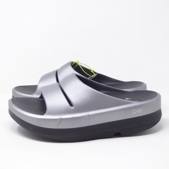 OOFOS Womens OOmega Ooahh Luxe Sandals Basalt Platform Slides Silver Size 10 - Picture 4 of 9